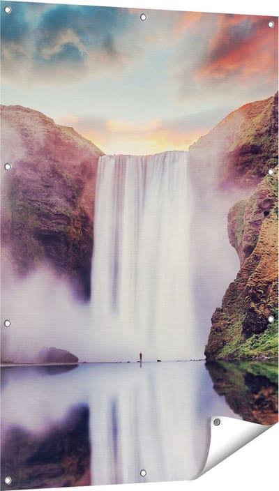 Gards Tuinposter Waterval met een Weerspiegeling in het Water - 80x120 cm - Tuindoek - Tuindecoratie - Wanddecoratie buiten - Tuinschilderij