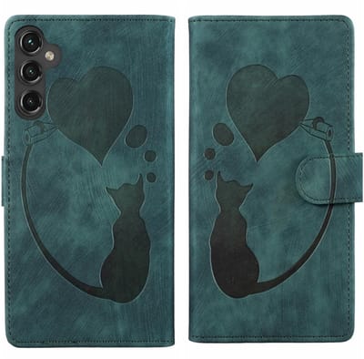 BoekCover Hoes Etui geschikt voor Samsung Galaxy A37 - A36 - A56 - Kat en Hart - Groen - Reliëf
