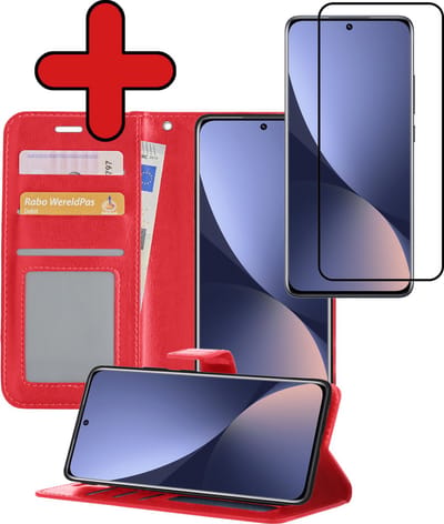 Hoesje - Met Screenprotector - Geschikt voor Xiaomi 12 - Luxe Pasjeshouder - Flipcase - Bookcase Portemonee - Flip Case - Kunstleer Book Case - Book Cover - Walletcase - Portemonneehoes - Telefoonhoes - Rood