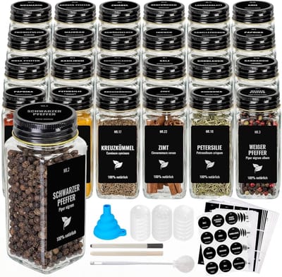 Set van 24 Vierkante Kruidenpotjes van 120ml met Zwarte Deksel, Labels en Organiser voor Keuken en Kruidenset