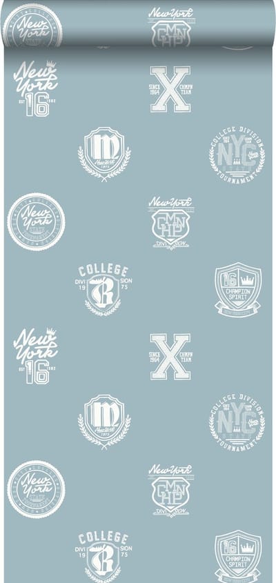 ESTAhome behang school emblemen licht vintage blauw - 53 cm x 10.05 m - 128803
