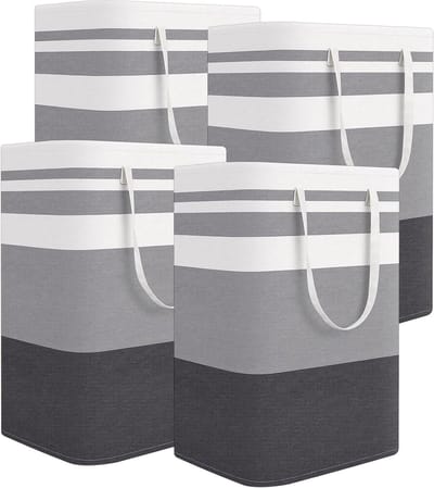 Grote Vouwbare Wasmanden, Set van 4, 75 Liter, Handige Wascollectoren voor Slaapkamer, Badkamer en Woonkamer, 40 x 30 x 60 cm, Grijs Gestreept, Ruimtebesparend en Duurzaam