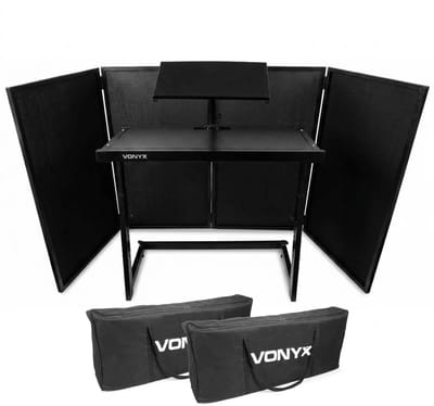 Vonyx Inklapbare DJ Booth set compleet - Mobiele DJ stand met meubel, scherm en draagtassen - Zwart