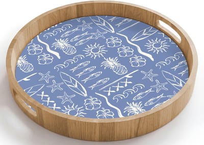 Dienblad rond 40x40 cm - Schootdienblad hout - Kust - Zee - Blauw - Wit - Borrelplank rechthoek - Plateau houten dienbladen