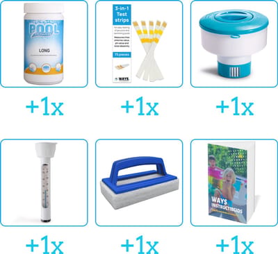 Zwembad Onderhoudspakket - Onderhoud Zwembad - bevat Chloor - Testrips - Chloordrijver - Thermometer - Scrubborstel en Zwembadgids (6-delig)