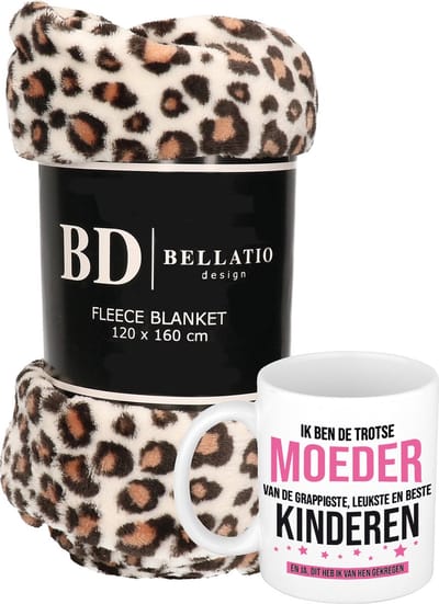 Cadeau moeder set - Fleece plaid/deken luipaard print met Trotse moeder mok - Mama ontspanning cadeau kerst, moederdag, verjaardag