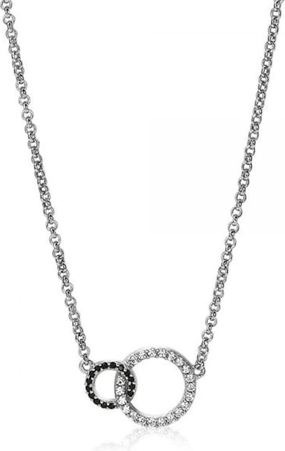 Fler® | Trendy | Luxe | Damesketting met Twee Symbolische Cirkels | Partner of Vriendschapsketting | Zirkonia Helder Zwart | Zilver 925