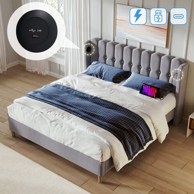 VVBV Gestoffeerd Opbergbed 160x200 cm - USB-C Laadstation, Lades, Lattenbodem, 25 cm Hoog - Linnen Grijs Zonder Matras