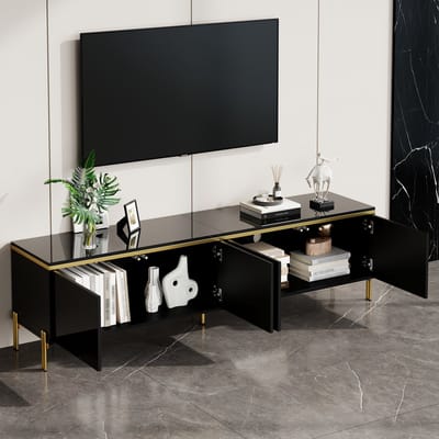 Moderne tv-meubel met hoogglans - vier deurtjes - kabelingang - gouden randdecoratie - tv-kast voor woonkameropslag - zwart