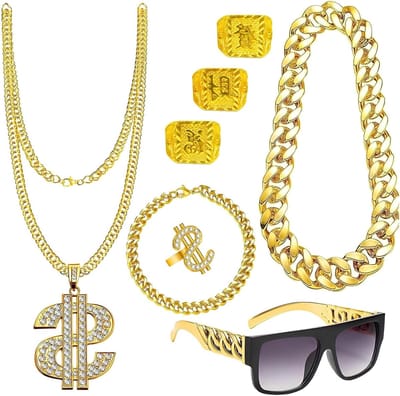 Complete Hip Hop Kostuum Set voor Carnavals en Rap Concerten - Inclusief Gouden Ketting, Dollar Ring, Bril en Meer - Perfect voor 80s/90s Themafeestjes