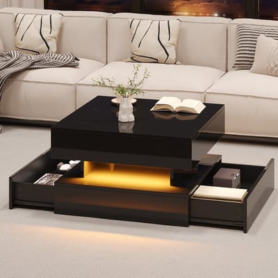 Wishdor Salontafel 65 x 65 x 38,5 cm van spaanplaat, in hoogte verstelbaar met LED en 2 laden, hoogglans zwart