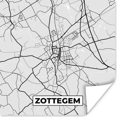 Poster Zwart Wit – België – Plattegrond – Stadskaart – Kaart – Zottegem - 100x100 cm XXL