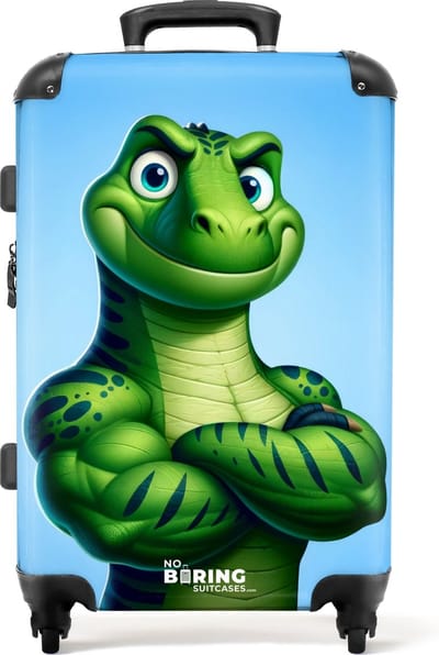 NoBoringSuitcases.com® - Kinderkoffer jongen - Groene dino - Kindertrolley jongens - Koffer kind groot - Rolkoffer lichtgewicht - Reiskoffer met 4 wielen - Grote trolley XL - 20 kg bagage
