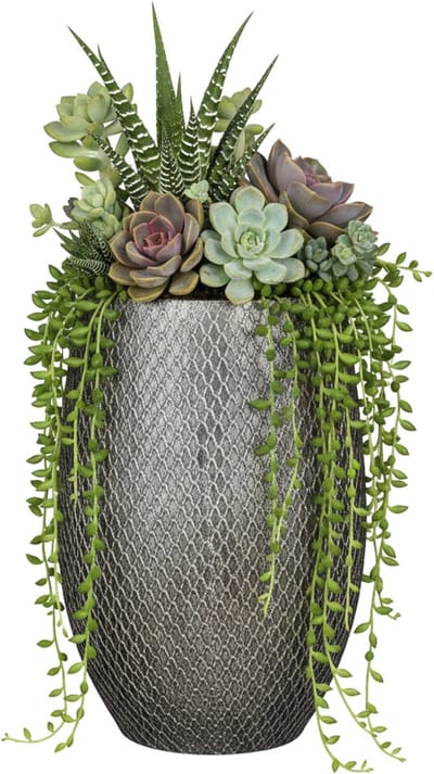 Mica decorations Bloempot / plantenpot Madeira - hoog model - zilver - terracotta - 30 x 50 cm - schubbenpatroon