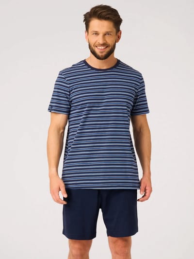 Key Katoenen Heren Pyjama Korte Mouw Streepprint Navy Blauw Wit MNS 329 L