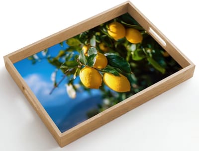 Dienblad hout 50x35 cm - Schootdienblad - Citroenen - Bladeren - Blauwe lucht - Borrelplank rechthoek - Plateau dienbladen