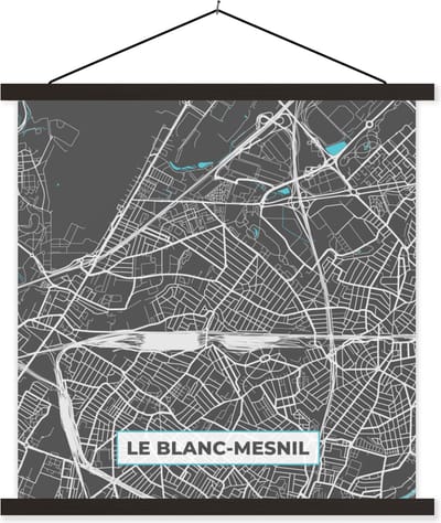 Posterhanger incl. Poster 60x60 cm - Schoolplaat - Le Blanc-Mesnil - Frankrijk - Plattegrond - Kaart - Stadskaart - Textielposter - Zwarte latten - Stadskaart