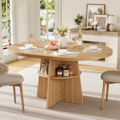 Eettafel - Keukentafel - Uitschuifbare eettafel - Met opbergruimte - Houten tafelpoten - Stevig en duurzaam - 110-150x110x77 cm - Geschikt voor 2-8 personen - Natuurlijke houttint