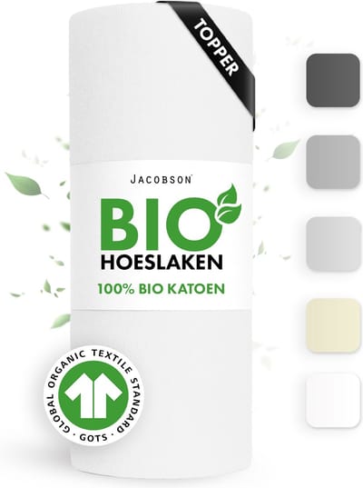 Jacobson Hoeslaken Topper – 100% Biologisch Katoen – 140x200 cm – tot 12cm matrasdikte– 160 g/m² – Wit