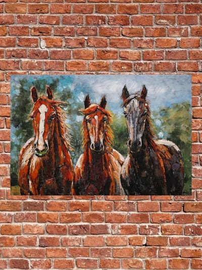 Metalen 3D schilderij 3 paarden 80 cm x 120 cm - schilderij - metal - muurdecoratie - wall - deco - kunst - wanddecoratie - metaal - wandschilderij - decoratief - interieur - cadeau - geschenk - gift - verjaardag - kerst - nieuwjaar