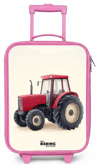 NoBoringSuitcases.com® - Kinderkoffer roze - Kindertrolley meisje - Tractor - Getekend - Rood - Koffer kind lichtgewicht - Reiskoffer trolley voor kinderen - Koffertje met lichtgevende wieltjes - Rolkoffer