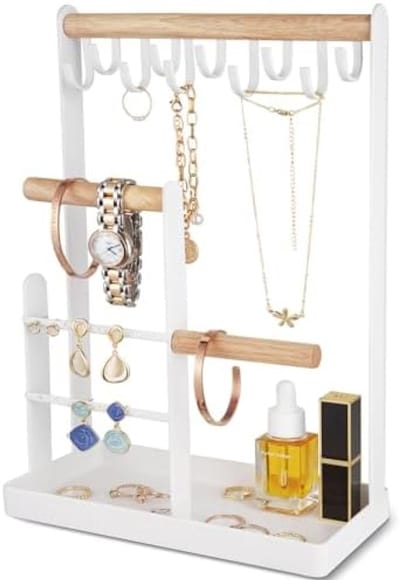 PromoHome Sieradenstandaard Organizer - Moderne Sieradenhouder met Houten Planken en Metalen Haken voor Kettingen, Oorbellen, Armbanden en Horloges - Wit