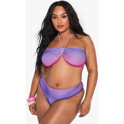 boohoo Dames PLUS TEXTURED STRIPE BANDEAU BIKINI | Violet | Maat: 50
