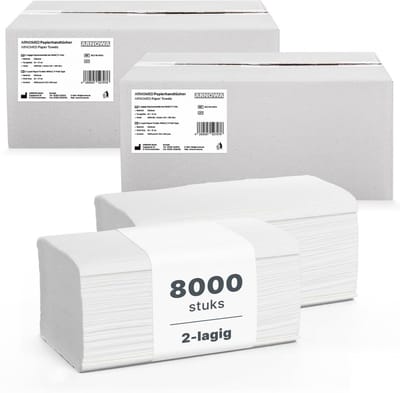 Papieren handdoeken 2-laags V-vouw, 8000 stuks, 25x23 cm - Hygiënisch en absorberend