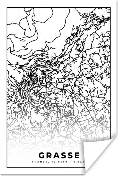 Poster Frankrijk - Plattegrond - Grasse - Stadskaart - Kaart - Zwart wit - 120x180 cm XXL