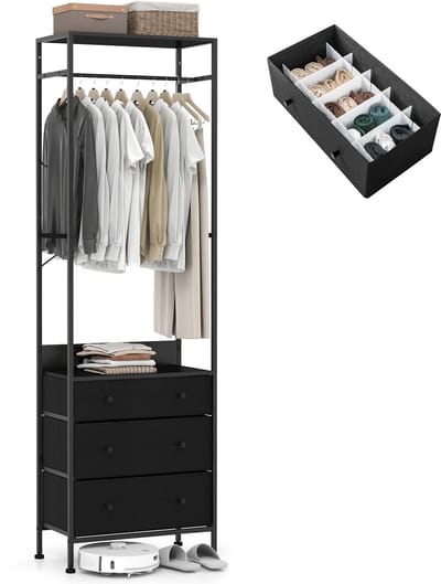 COSTWAY Kapstok met 3 laden, garderobe met ophangstang en opbergvakken, kledingstandaard vrijstaand, industriële halgarderobe voor hal en slaapkamer, 55 x 28 x 176 cm (zwart)