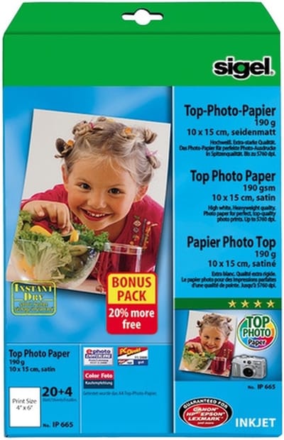 inkjetfotopapier Sigel Top 10x15 wit 190gr mat 20+4 vel