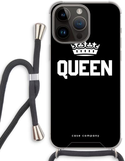 Case Company® - Hoesje met koord geschikt voor iPhone 14 Pro Max hoesje met Koord - Queen zwart - Telefoonhoesje met Zwart Koord - Bescherming aan alle Kanten en Over de Schermrand