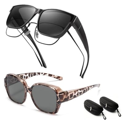 Overzet zonnebril voor brildragers - 2 stuks - Overzetzonnebrillen - Polarized - met 2 beschermhoesje - UV-bescherming - ultralichte clip-on - Gepolariseerde Overzet Zonnebril Dames - Trendy Vierkant Montuur - Groot montuur - Ontspiegelde glazen