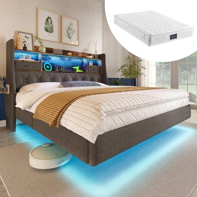 DESMIU Gestoffeerd Bed 140x200cm - Sfeervolle Ledverlichting Met Oplaadfunctie - Hoofdbord Met Opbergruimte - Voor Slaapkamer - Linnen - Grijs - Met Matras