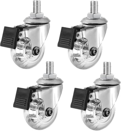 4x Zwenkwielen met Rem M8 Draadpen - Transparant Rubber Transportwielen voor Meubels 50mm