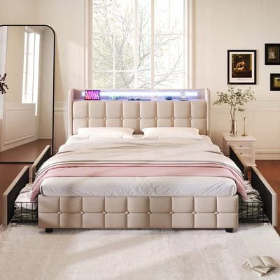 KOMHTOM Tweepersoonsbed 140x200 cm Bed met laden USB-oplaadbaar Hoofdbord en LED-verlichting en 4 laden Opbergbedden Beige