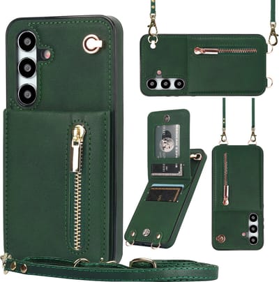 Stravo Samsung Galaxy S24 FE Portemonnee Hoesje met Rits, Kaarthouder en Crossbody Lanyard Tas [Afneembare Schouderriem] met Kickstand - Groen