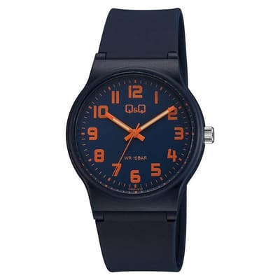 Q&Q VS50J012Y - Horloge - Sport - Analoog - Unisex - Plastic band - Rond - Cijfers - Kunststof - Donkerblauw - Oranje - 10 ATM