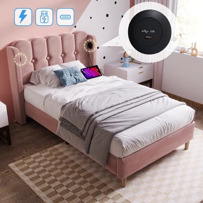 Gestoffeerd eenpersoonsbed met USB-C oplaadpoort - voor slaapkamer en logeerkamer - 90x200 cm - Roze - Fluwelen bekleding - Inclusief lattenbodem - Belastbaar tot 158 kg