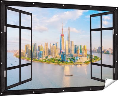 Gards Tuinposter Doorkijk Skyline Shanghai Stad in China - 180x120 cm - Tuindoek - Tuindecoratie - Wanddecoratie buiten - Tuinschilderij