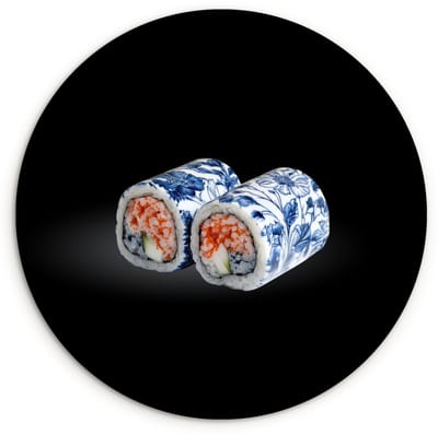 WallCircle® Wandcirkel 120x120 cm - Muurcirkel Sushi - Delfts blauw - Rijst - Vis - Elegant - Muurdecoratie woonkamer - Wanddecoratie slaapkamer - Kamer decoratie accessoires - Ronde schilderijen XXL
