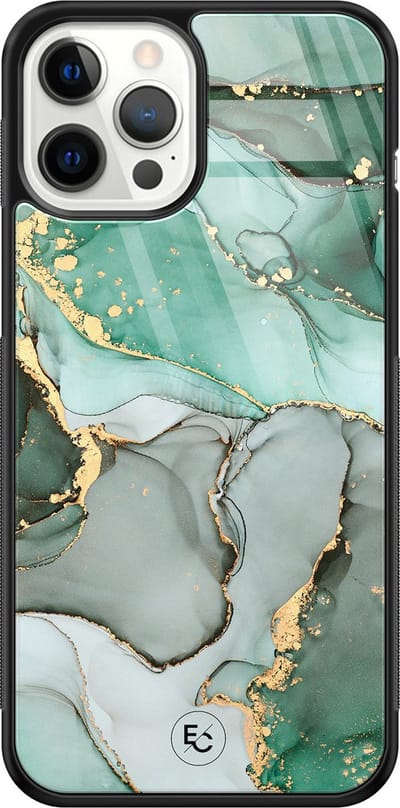 Hoesje geschikt voor iPhone 12 Pro Max - Marble Design - Luxe Hard Case - Marmer - Grijs, Groen - ELLECHIQ