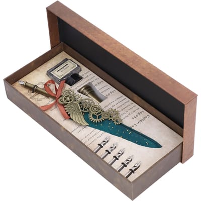 Verenpen Europese Stijl Britse Retro Stijl Gouden Roestvrij Staal Geëtste Verenpen Zakelijke Dip Pen Cadeaubox Set black