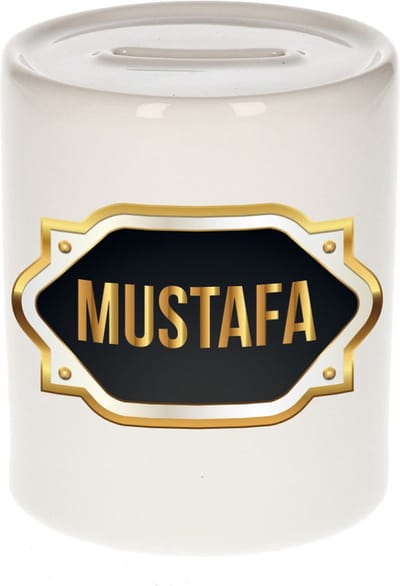 Spaarpot met voornaam Mustafa - wit - met goud/zwart embleem - 8 x 9 cm - keramiek - met afsluitdop - cadeau verjaardag
