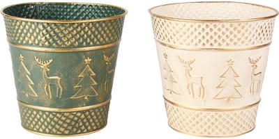 Dekoratief | Bloempot 'Deer & Tree', groen/wit, metaal, 17x17x16cm, set van 2 stuks | A255575
