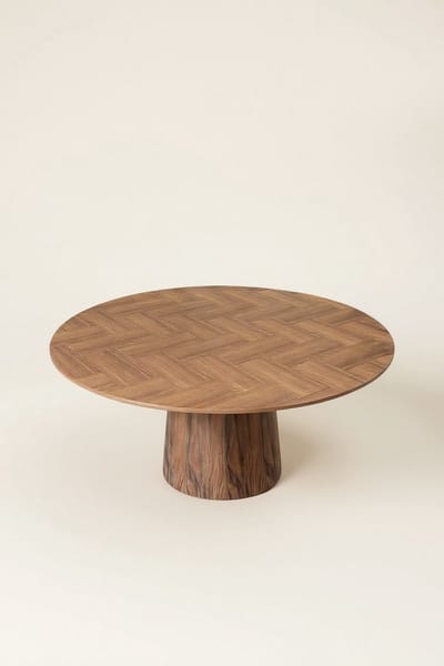 130cm ronde eettafel - kegel onderstel - veneer noten - visgraat design - Bonita