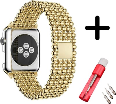 Strap-it Stalen Parel schakel band - Geschikt voor Apple Watch bandje - Series 1/2/3/4/5/6/7/8/9/10/11/SE/SE2/SE3 - Goud - RVS band met parel patroon - maat: 38 / 40 / 41 / 42mm - Met inkorter toolkit