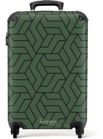 NoBoringSuitcases.com - Koffer - Donkergroen geometrisch vlechtpatroon met zwarte lijnen - Past binnen 55x40x20 cm en 55x35x25 cm - Trolley handbagage - Valiezen met wieltjes volwassenen - Reiskoffer op wielen - Rolkoffer lichtgewicht