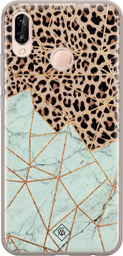 Casimoda® hoesje - Geschikt voor Huawei P20 Lite (2018) - Luipaard Marmer Mint - Siliconen/TPU - Soft Case - Bruin - Luipaardprint