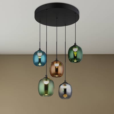 Globo LED hanglamp Minara, 5-lamps, Ø 43 cm, veelkleurig, glas